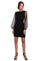 Czarna Szykowna Sukienka z Tiulowym Rękawem. Czarne sukienki damskie MAKEOVER, l, bez wzorów, z elastanu, eleganckie, bez kołnierzyka, bez ramiączek. Za 178.91 zł.