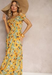 Beżowo-Żółta Rozkloszowana Sukienka Hiszpanka z Wiskozy w Kwiatowy Wzór Viseria. Brązowe sukienki damskie Renee, na lato, bez wzorów, z materiału, bez kołnierzyka, bez ramiączek, maxi, rozkloszowane. Za 44.99 zł.