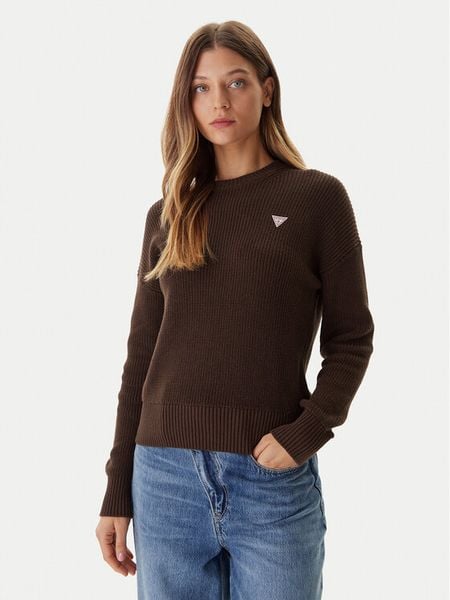 Guess Jeans Sweter W4BR08 Z3HM1 Brązowy Regular Fit. Brązowe swetry nierozpinane damskie Guess Jeans, m, z aplikacjami, z bawełny, bez kołnierzyka, bez ramiączek. Za 199.99 zł.