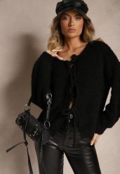 Czarny Kardigan z Wełną Bawełną i Wiskozą Ozdobiony Wiązaniem Lilassea. Czarne kardigany damskie Renee, bez wzorów, z bawełny, eleganckie, bez kołnierzyka. Za 159.99 zł.