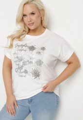 Biały T-shirt z Bawełny o Kroju Nietoperza z Metalicznym Nadrukiem Olisenia. Białe t-shirty damskie Born2be, xl, bez wzorów, z bawełny, bez kołnierzyka, bez ramiączek. Za 39.99 zł.