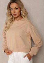 Beżowa Oversize Bluza z Bawełny o Krótkim Fasonie Sibolla. Brązowe bluzy damskie Renee, l, bez wzorów, z bawełny, casualowe, bez ramiączek, bez kaptura. Za 49.99 zł.