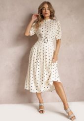 Jasnobeżowa Rozkloszowana Sukienka Midi z Gumką w Pasie i Ozdobnym Paskiem z Klamrą Abennita. Brązowe sukienki damskie Renee, l, z aplikacjami, z materiału, eleganckie, bez kołnierzyka, bez ramiączek, maxi, rozkloszowane. Za 109.99 zł.