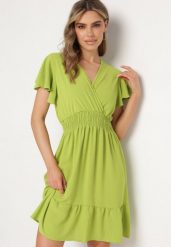 Jasnozielona Sukienka Mini z Gumką w Pasie i Falbanką Senait. Zielone sukienki damskie Born2be, l, bez wzorów, bez kołnierzyka, bez ramiączek, midi. Za 44.99 zł.