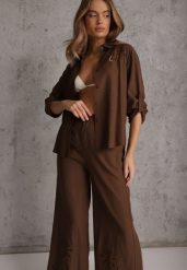 Brązowy Boho Komplet z Bawełną Koszula i Spodnie z Ażurowymi Zdobieniami Runesa. Brązowe koszule damskie Renee, m, z aplikacjami, z bawełny, boho, bez kołnierzyka, bez ramiączek. Za 149.99 zł.