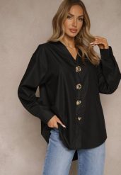 Czarna Koszula z Wiskozą o Fasonie Oversize z Kwiatowym Zdobieniem Sarbia. Czarne koszule damskie Renee, l, z aplikacjami, z jeansu, eleganckie, bez kołnierzyka, bez ramiączek. Za 89.99 zł.