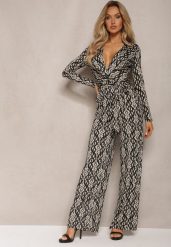 Czarno-Beżowy Kopertowy Kombinezon z Paskiem w Talii i Ozdobnym Wzorem Mirannda. Czarne sukienki damskie Renee, m, bez wzorów, z materiału, eleganckie, bez kołnierzyka, bez ramiączek, kopertowe. Za 129.99 zł.