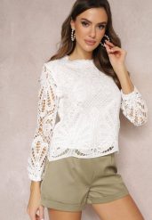Biała Bluzka z Ażurowej Tkaniny ze Stójką Beerne. Białe bluzki damskie Renee, s, z aplikacjami, z tkaniny, bez kołnierzyka, bez ramiączek. Za 54.99 zł.