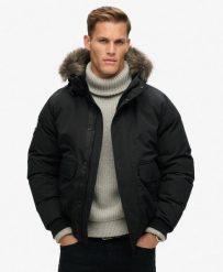 Kurtka Bomber z Ekologicznej Futrzanej Wstawki Everest. Czarne kurtki męskie Superdry, l, bez wzorów, z futra, bez kaptura. Za 793.00 zł.