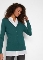Sweter rozpinany basic z gładkiej dzianiny z plisą guzikową. Czarne kardigany damskie bonprix, bez wzorów, z bawełny, casualowe, bez kołnierzyka. Za 99.99 zł.