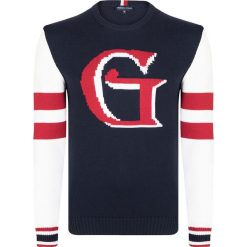 Sweter w kolorze granatowo-biało-czerownym. Niebieskie swetry męskie Giorgio Di Mare, m, bez wzorów, z bawełny, bez kołnierzyka, bez ramiączek. W wyprzedaży za 139.95 zł.