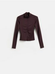 Bluza ze stójką - ciemnofioletowy. Fioletowe bluzy damskie Reserved, l, bez wzorów, z dzianiny, bez ramiączek, bez kaptura. Za 99.99 zł.