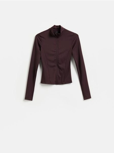 Bluza ze stójką - ciemnofioletowy. Fioletowe bluzy damskie Reserved, l, bez wzorów, z dzianiny, bez ramiączek, bez kaptura. Za 99.99 zł.