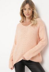 Jasnoróżowy Klasyczny Sweter z Dekoltem w Serek Eloma. Czerwone swetry nierozpinane damskie Born2be, l, bez wzorów, z jeansu, eleganckie, bez kołnierzyka, bez ramiączek. Za 89.99 zł.