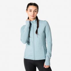 Bluza do biegania damska Kiprun Warm ocieplana. Niebieskie bluzy damskie KIPRUN, na zimę, l, bez wzorów, z materiału, klasyczne, bez ramiączek, bez kaptura. Za 199.99 zł.