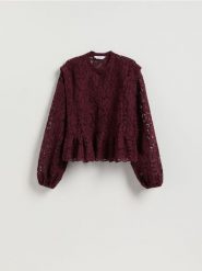 Koszula ze strukturalnej tkaniny - bordowy. Czerwone koszule damskie Reserved, l, bez wzorów, z bawełny, bez kołnierzyka, bez ramiączek. Za 199.99 zł.