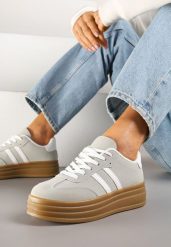 Beżowo-Szare Sneakersy w Stylu Tenisówki z Paskami Hirnelia. Brązowe trampki i tenisówki damskie Renee, bez wzorów, z jeansu, bez zapięcia. Za 79.99 zł.