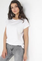 Biały T-shirt Bawełniany z Krótkim Rękawem Erestusia. Białe t-shirty damskie Born2be, l, bez wzorów, z bawełny, eleganckie, bez kołnierzyka, bez ramiączek. Za 39.99 zł.