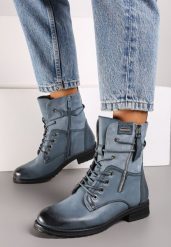 Niebieskie Botki Workery z Łączonych Materiałów z Ozdobnym Suwakiem Debiora. Niebieskie botki damskie Born2be, bez wzorów, z jeansu, eleganckie, bez obcasa, na płaskiej podeszwie, bez zapięcia. Za 139.99 zł.