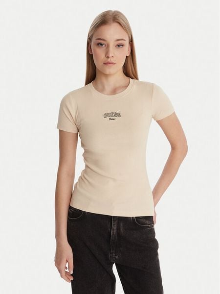 Guess Jeans T-Shirt W6RP21 KA0H1 Beżowy Slim Fit. Brązowe t-shirty damskie Guess Jeans, s, z aplikacjami, z bawełny, bez kołnierzyka, bez ramiączek. Za 159.99 zł.