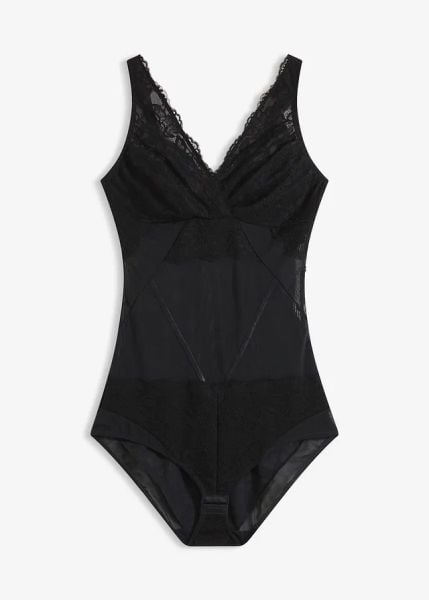 Body modelujące z koronką, lekki stopień modelowania. Czarne body bonprix, bez wzorów, z koronki. Za 44.99 zł.