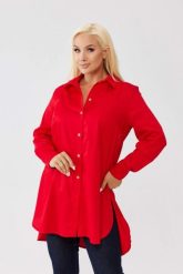 Klasyczna czerwona koszula Elena zapinana na guziki, asymetryczny krój PLUS SIZE XXL OVERSIZE JESIEŃ. Czerwone koszule damskie Moda Size Plus Iwanek, plus size, bez wzorów, z bawełny, biznesowe, z asymetrycznym kołnierzem, bez ramiączek. Za 199.90 zł.