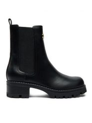 Guess Botki Rinna FLTRNN FAL10 Czarny. Czarne botki damskie Guess, z aplikacjami, ze skóry, bez obcasa, na płaskiej podeszwie, bez zapięcia. Za 509.99 zł.
