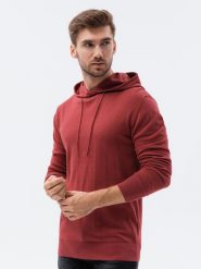 Sweter męski z kapturem - ciemnoczerwony V6 E187 - XXL. Czerwone swetry męskie Ombre Clothing, m, bez wzorów, z bawełny, bez kołnierzyka, bez ramiączek. W wyprzedaży za 39.99 zł.