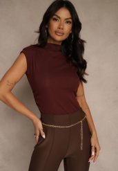 Bordowy Top z Bawełny i Wiskozy ze Stójką i Marszczeniem w Talii Zetelie. Czerwone topy damskie Renee, m, bez wzorów, z bawełny, eleganckie, bez kołnierzyka, bez ramiączek. Za 59.99 zł.