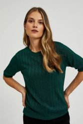 Wiskozowy sweter z metaliczną nitką zielony. Zielone swetry nierozpinane damskie MOODO, l, bez wzorów, z wiskozy, bez kołnierzyka, bez ramiączek. W wyprzedaży za 54.99 zł.