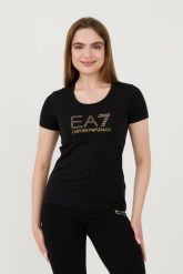 EA7 Czarny t-shirt z cyrkoniami. Czarne t-shirty damskie EA7 Emporio Armani, xs, bez wzorów, bez kołnierzyka, bez ramiączek. W wyprzedaży za 182.99 zł.
