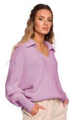 Luźny sweter z dekoltem V i kołnierzykiem liliowy. Swetry nierozpinane damskie MOE, l, bez wzorów, z jeansu, eleganckie, bez kołnierzyka, bez ramiączek. Za 259.00 zł.
