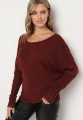 Bordowy Sweter z Lnem i Dekoltem w Łódkę o Kroju Oversize Sassirra. Czerwone swetry nierozpinane damskie Born2be, l, bez wzorów, z jeansu, biznesowe, bez kołnierzyka, bez ramiączek. Za 129.99 zł.