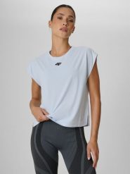 4F Koszulka treningowa regular szybkoschnąca damska - niebieska XS. Niebieskie koszulki sportowe damskie 4F, xs, bez wzorów, bez ramiączek, na fitness i siłownię. Za 79.99 zł.