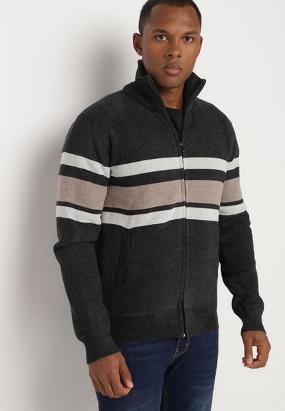 Czarno-Brązowy Kardigan z Wełną na Suwak w Paski Ettessa. Czarne swetry męskie Born2be, m, z aplikacjami, z wełny, eleganckie, bez kołnierzyka, bez ramiączek. Za 94.99 zł.