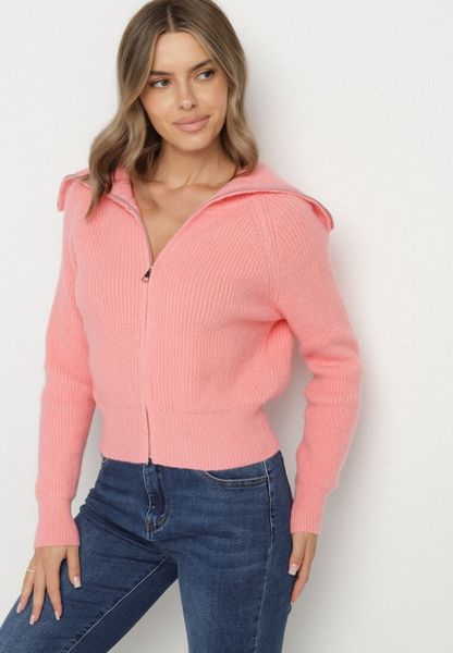 Różowy Kardigan Dzianiny z Wełną z Golfem Zapinany na Suwak Zinellia. Czerwone kardigany damskie Born2be, l, bez wzorów, z dzianiny, klasyczne, bez kołnierzyka. Za 59.99 zł.