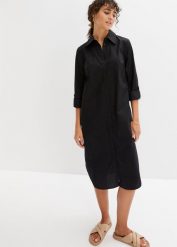 Sukienka szmizjerka z bawełnianej popeliny. Czarne sukienki damskie bonprix, bez wzorów, z bawełny, bez kołnierzyka, bez ramiączek, plisowane. Za 129.99 zł.