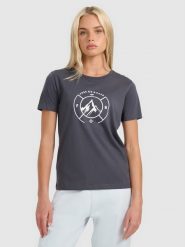 4F T-shirt regular z nadrukiem damski - szary S. Szare t-shirty damskie 4F, s, bez wzorów, z bawełny, bez kołnierzyka, bez ramiączek. Za 59.99 zł.