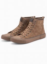 Męskie wysokie buty trampki z dekoracyjną lamówką – brązowe V2 OM-FOTH-0158 - 45. Brązowe trampki męskie Ombre Clothing, bez wzorów, z gumy, eleganckie, przed kolano, bez zapięcia. W wyprzedaży za 109.99 zł.