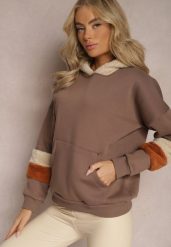 Brązowa Bawełniana Bluza z Kapturem i Wstawkami z Polaru Qilin. Brązowe bluzy damskie Renee, z aplikacjami, z bawełny, casualowe, bez ramiączek, z kapturem. Za 84.99 zł.