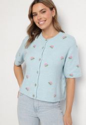 Niebieski Sweter Kardigan z Krótkim Rękawem z Wełną w Ozdobny Print Korinelia. Niebieskie kardigany damskie Born2be, s, bez wzorów, z jeansu, eleganckie, bez kołnierzyka. Za 159.99 zł.