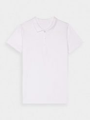 4F Koszulka polo slim damska - biała L. Białe bluzki damskie 4F, l, bez wzorów, z bawełny, klasyczne, bez kołnierzyka, bez ramiączek. Za 89.99 zł.