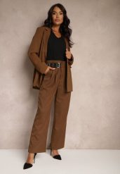 Brązowe Szerokie Spodnie Garniturowe z Wiskozą High Waist Ozdobione Paskiem Elowanda. Brązowe spodnie materiałowe damskie Renee, bez wzorów, z jeansu, eleganckie, z podwyższonym stanem. Za 99.99 zł.
