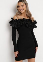 Czarna Sukienka Hiszpanka Mini z Falbankami Xerxeni. Czarne sukienki damskie Born2be, z aplikacjami, z dzianiny, bez kołnierzyka, bez ramiączek, mini. Za 129.99 zł.