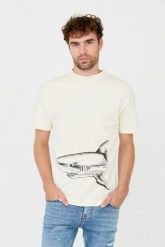 PALM ANGELS Beżowy t-shirt Broken Shark. Brązowe t-shirty męskie PALM ANGELS, m, bez wzorów, bez kołnierzyka, bez ramiączek. W wyprzedaży za 999.99 zł.