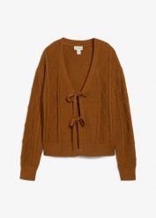 Sweter rozpinany z paskami. Brązowe kardigany damskie bonprix, bez wzorów, bez kołnierzyka. Za 129.99 zł.