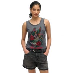 Top bez rękawów z odkrytymi ramionami dla kobiet Superdry Neo Trad Tattoo. Czarne topy damskie Superdry, bez wzorów, bez kołnierzyka, bez ramiączek. Za 136.55 zł.