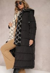 Czarna Długa Kurtka Pikowana Płaszcz z Kapturem Samonira. Czarne płaszcze damskie Renee, l, bez wzorów, z jeansu, eleganckie, bez kołnierzyka, z kapturem. Za 229.99 zł.