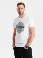 T-shirt męski bawełniany z nadrukiem geometrycznym i logotypem - biały V1 - Rozmiar: XL. Białe t-shirty męskie Ombre Clothing, m, bez wzorów, z bawełny, bez kołnierzyka, bez ramiączek. W wyprzedaży za 19.99 zł.