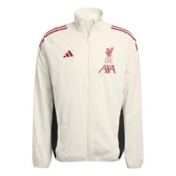 Kurtka treningowa Prematch Liverpool FC 2025/26. Białe kurtki męskie Adidas, bez wzorów, sportowe, bez kaptura. W wyprzedaży za 331.85 zł.